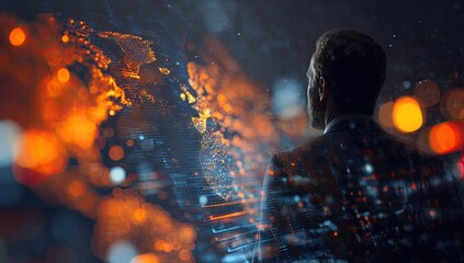 Businessman, global data overlay