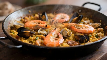 Homemade Spanish Seafood Paella with Prawns Mussels and Clams