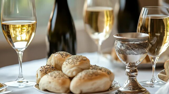 Silver cup and bread rolls with wine glasses and bottles