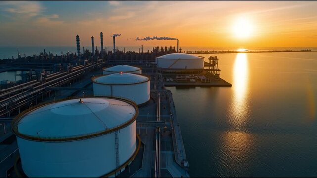 Industrial Sunrise by the Water: An expansive view of an industrial area near water, bathed in the warm glow of the rising sun, emphasizing the juxtaposition of industry and natural elements.