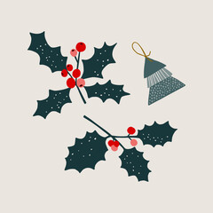 Christmas holly branches with berries hand drawn print. Scandinavian-inspired floral motif, perfect for cozy Xmas greeting cards, invitations, posters, scrapbooks. © Veronica