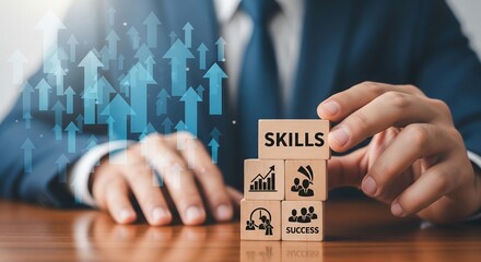 Businessman building skills with upward growth charts and icons representing success
