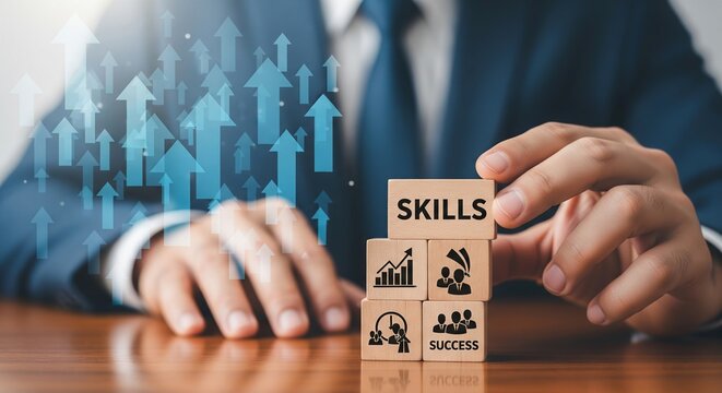 Businessman building skills with upward growth charts and icons representing success