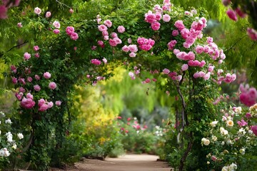 A beautiful garden arch covered in pink flowers over a pathway.