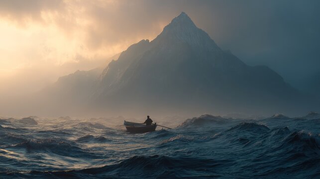 A solitary fisherman rows a small wooden boat through turbulent, dark ocean waves towards a towering, snow-capped mountain. The sky is filled with dramatic, swirling clouds illuminated by a golden, 
