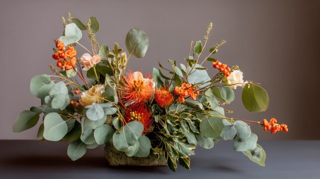 A stunning floral arrangement sits in a rustic, square-shaped container. The centerpiece features vibrant orange and coral-colored blooms, 