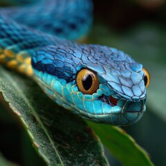 Fototapeta premium Close-up of a vibrant blue venomous snake. The snake's head and part of its body are in sharp focus, set against a backdrop of lush green leaves.