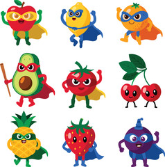 Superhero Fruit Characters Vector Set – Cute Cartoon Style Healthy Food Mascots for Kids, Nutrition Education, Fun Marketing Concepts