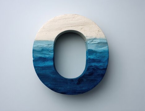 Capital letter "O" sculpted, two-toned.  Light beige/cream top, deep blue bottom.  Layered effect.  Isolated on light gray background