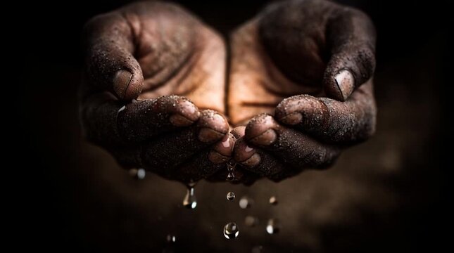 Intimate macro shot of a single teardrop falling into cupped, dusty hands, captured with dramatic, symbolic lighting that conveys hope, vulnerability, and quiet emotional strength.
