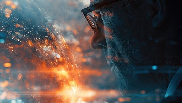 Mature man gazing at a fiery Earth