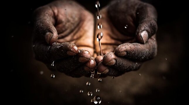 Intimate macro shot of a single teardrop falling into cupped, dusty hands, captured with dramatic, symbolic lighting that conveys hope, vulnerability, and quiet emotional strength.