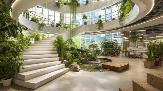 A stunning, circular office space features a dramatic, spiraling staircase enveloped in lush greenery. A central water feature with rocks and moss adds a serene Japanese garden aesthetic. 