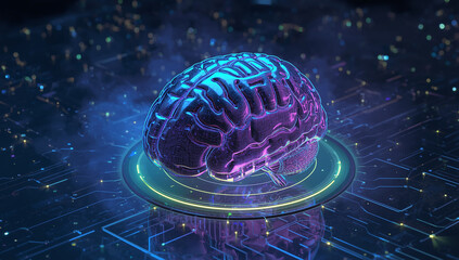 Futuristic Neon Glowing Brain – Artificial Intelligence, Neural Networks and Digital Technology Concept