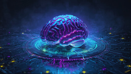 Futuristic Neon Glowing Brain – Artificial Intelligence, Neural Networks and Digital Technology Concept