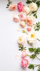 A beautiful collection of various roses arranged elegantly on a surface, perfect for any floral needs. The roses are a mix of colors and sizes, adding to the artistic display. 