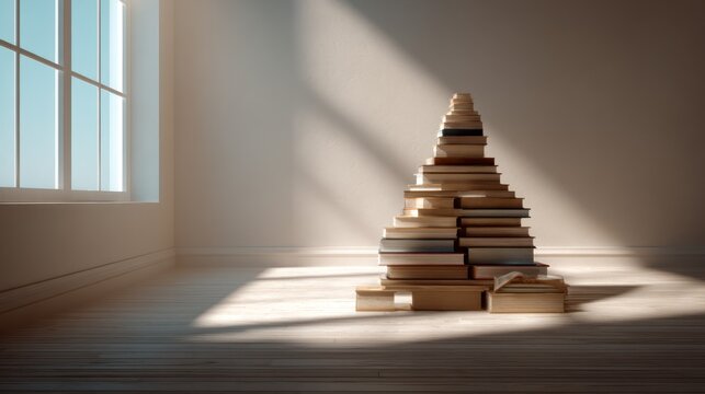 A tall, precarious stack of books forms a stylized Christmas tree shape in a bright, sunlit room. The books are of varying sizes and colors, creating a layered, textured effect. 
