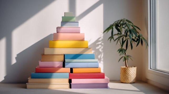 A vibrant, layered stack of books forms a stylized Christmas tree against a white wall. The books are arranged in a gradient of colors ? red, orange, yellow, green, blue, purple, and pink ?