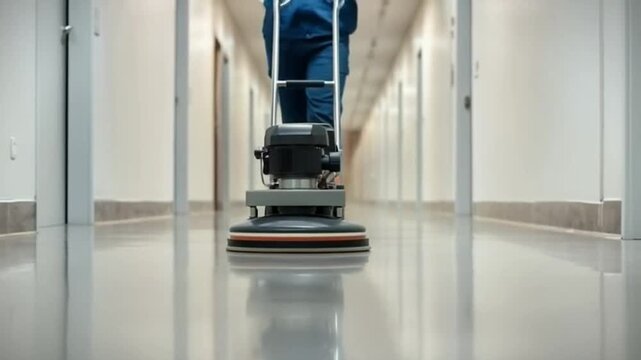 Professional janitorial staff using an industrial floor buffer machine for cleaning and polishing the hallway of a modern corporate	