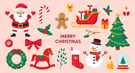 Festive Merry Christmas icons featuring Santa, snowman, tree, gifts, and sleigh create holiday cheer