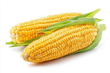 Two ears of corn on the cob with green husks lying horizontally against a white backdrop