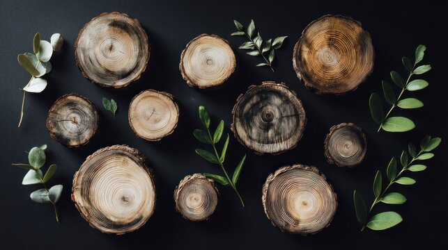 A dark, moody composition features a collection of wooden tree slices arranged on a black surface. Several eucalyptus leaves, varying in size, are scattered amongst the slices, 
