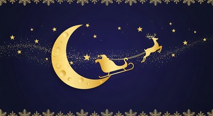 Magical golden Santa sleigh with reindeer flies past crescent moon under starry night sky