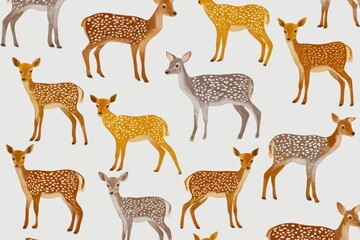 Obraz premium A repeating pattern of stylized deer with varied coat colors white spots against a white background