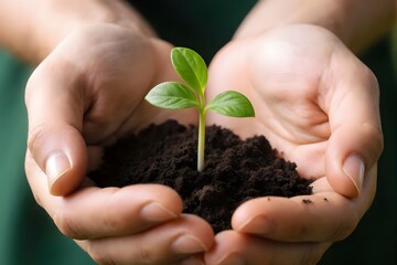 Hands holding a small plant sprout in soil 