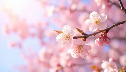 Naklejka premium Blossoming cherry trees in springtime nature photography outdoor landscape serene atmosphere close-up view floral beauty