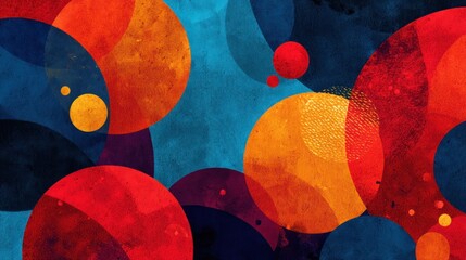 A vibrant, abstract artwork features overlapping circles of varying sizes and colors ? primarily red, orange, blue, and teal ? layered against a dark, textured background.