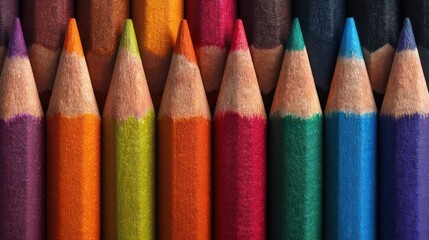 A close-up shot showcases a row of colored pencils arranged horizontally against a stark black background. The pencils, each with a sharpened point, display a vibrant spectrum of colors ? orange, 