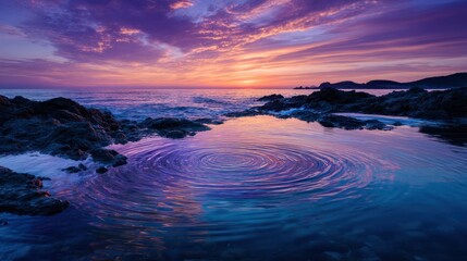 A stunning seascape captures a vibrant sunset over a rocky coastline. The water?s surface displays mesmerizing concentric ripples, reflecting the intense colors of the sky. 