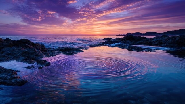A stunning seascape captures a vibrant sunset over a rocky coastline. The water?s surface displays mesmerizing concentric ripples, reflecting the intense colors of the sky.  - Powered by Adobe