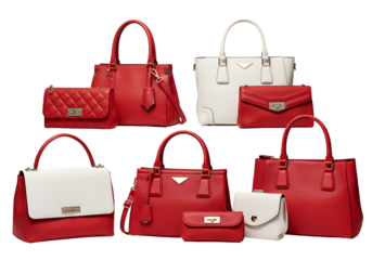 Red and White Leather Handbags: Stylish Purse Collection on white background