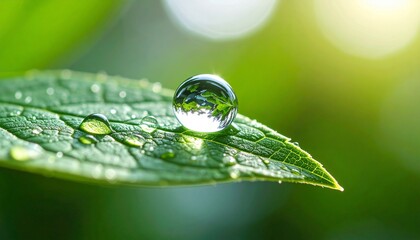 Captivating macro view of a pristine water droplet on a vibrant green leaf, reflecting nature's purity and symbolizing new life and refreshing growth