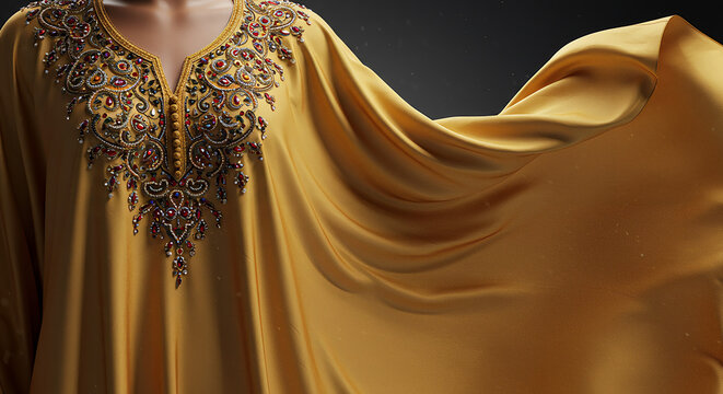 Luxurious Mustard Yellow Caftan with Intricate Jewel Embellishments.
