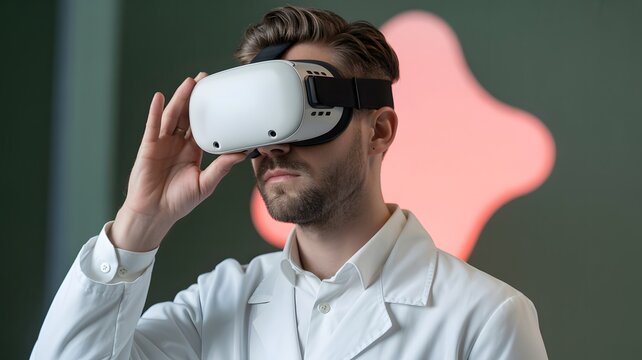 Man in a lab coat wearing a virtual reality headset.