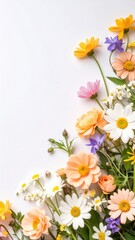 Fototapeta premium a beautiful array of colorful flowers blossoming, against a light-toned backdrop. A natural beauty with vibrant blooms, evoking a sense of freshness and serenity.