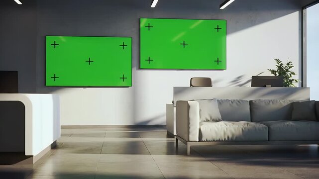 Two green screen TVs in modern office lobby or waiting area for digital content display mockup, copy space
