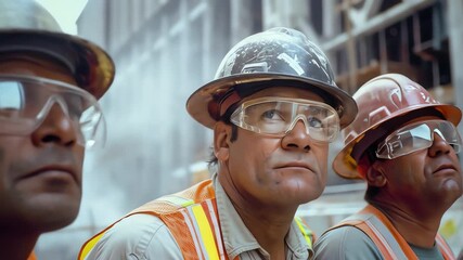 Three construction workers in hard hats and safety glasses looking up - Powered by Adobe