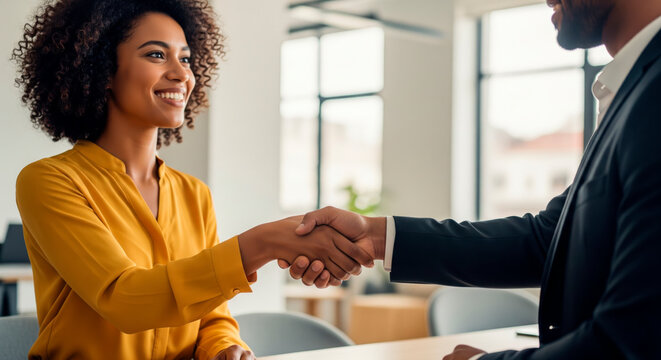 Businesswoman Black shaking hand and smiling to businessman after deal - Powered by Adobe