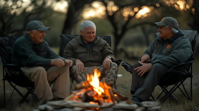 Three men sit in camping chairs around a campfire at dusk