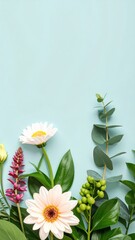 A vibrant assortment of blooming flowers against a soft, serene background. A delightful floral arrangement, showcasing nature's beauty in full bloom.