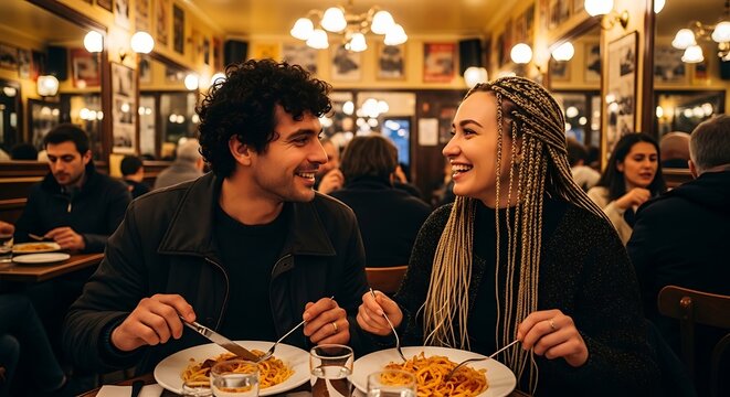 Couple enjoying pasta dinner at restaurant.