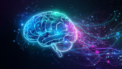 Futuristic Neon Glowing Brain – Artificial Intelligence, Neural Networks and Digital Technology Concept