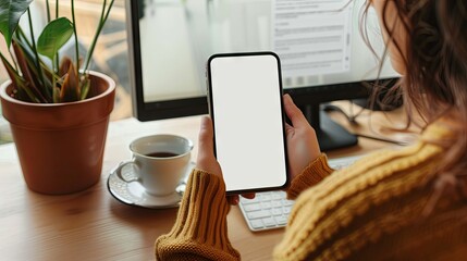 Woman holding smartphone with white screen in modern office with computer, cup of coffee and plant on table