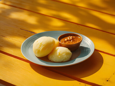 Fufu and groundnut soup served on a blue plate outdoors