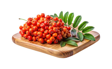 Vibrant Rowan Berries on Wooden Cutting Board with Green Leaves and White Background