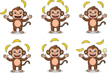 Cute cartoon monkeys juggling bananas, funny playful jungle animal illustration for kids, tropical wildlife clipart for education, fun, and decoration